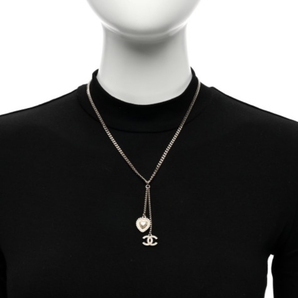 Crystal Pearl CC Heart Drop Necklace Gold White - Picture 13 of 16